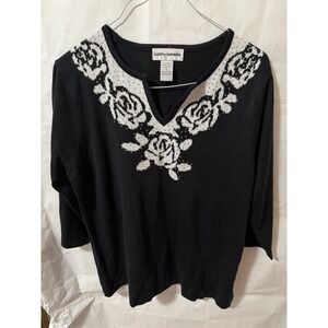 Cathy Daniel's Black V-neck Top White Flower Embellishments Size XL